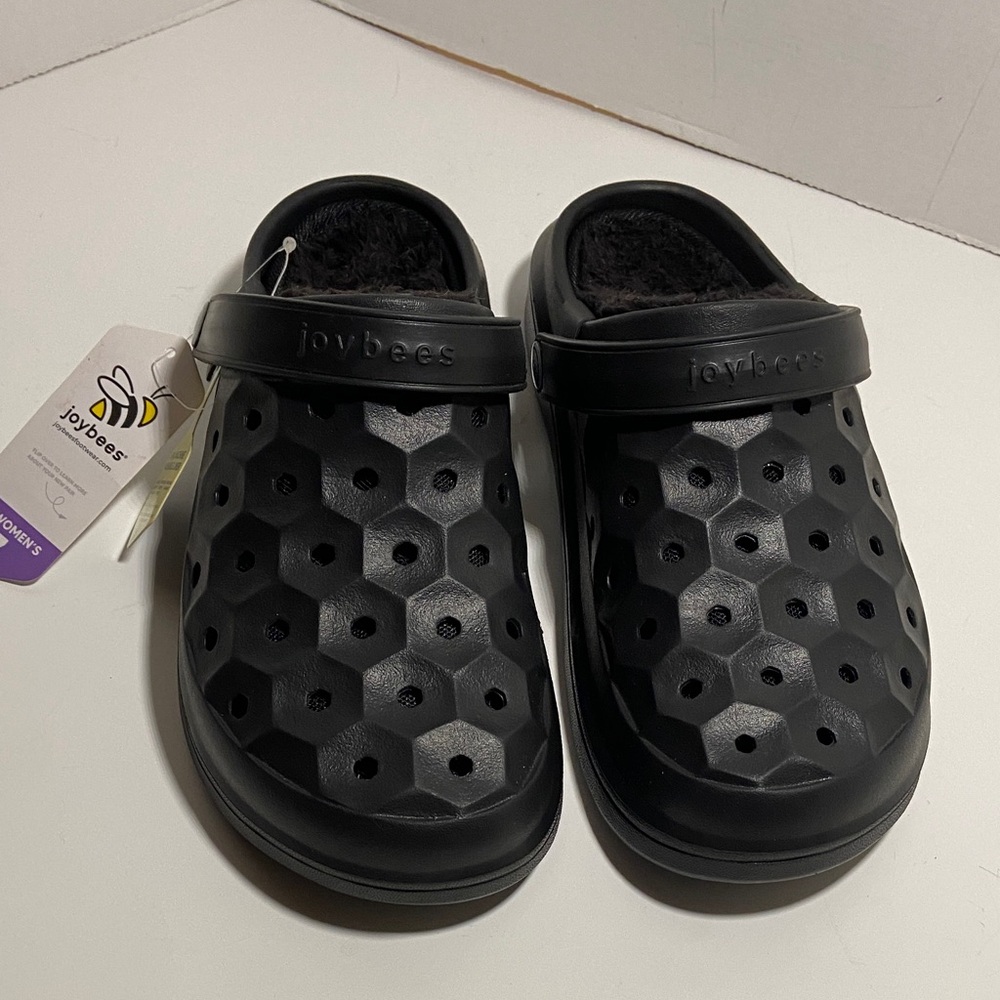 Women’s Joy Bees Black Clogs with washable fleece liners NWT